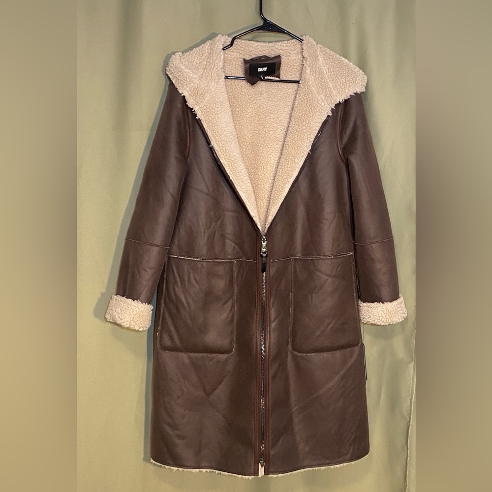 NWT DKNY Women Brown Faux Fur Sherling Lined Hooded Brown Jacket Coat Large